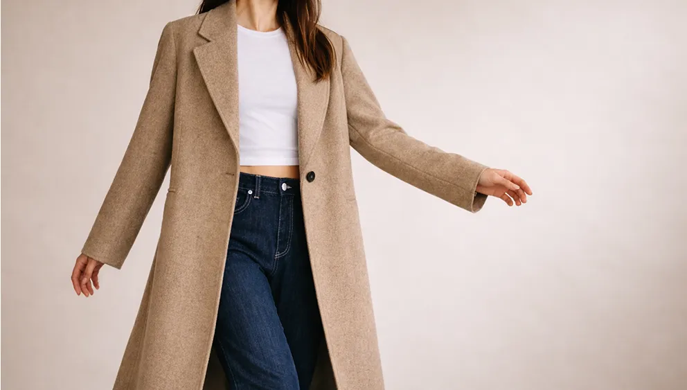 Long wool coat worn by model in garment collection