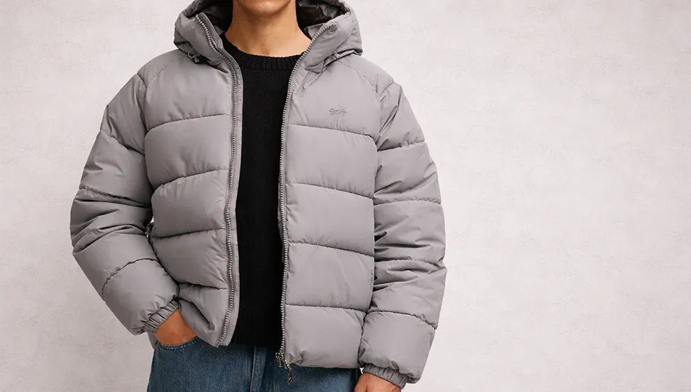 Grey padded puffer jacket worn by model in outerwear collection
